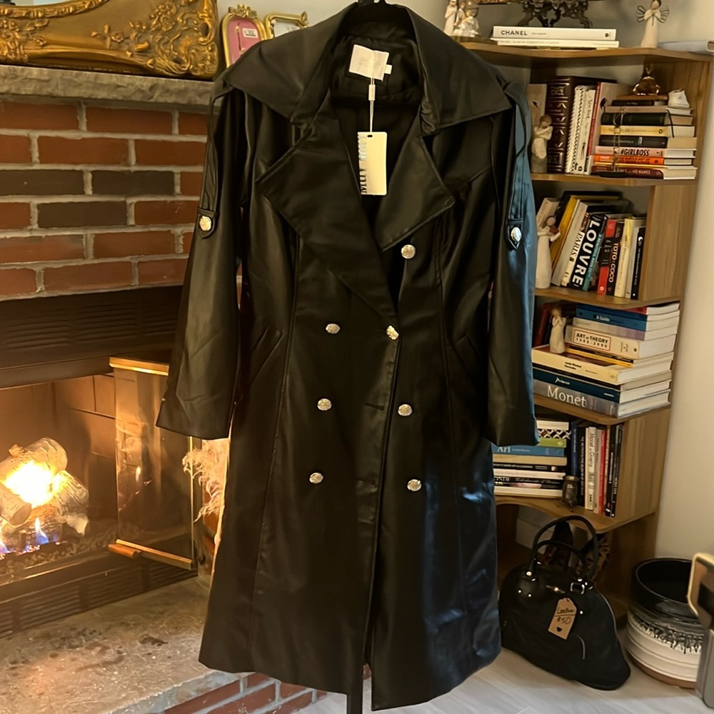 Classic Black Faux Leather Double-Breasted Trench Coat